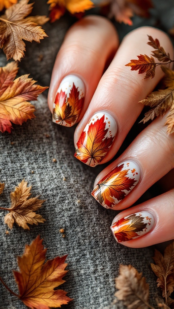 Nails decorated with colorful autumn leaf designs on a textured background.