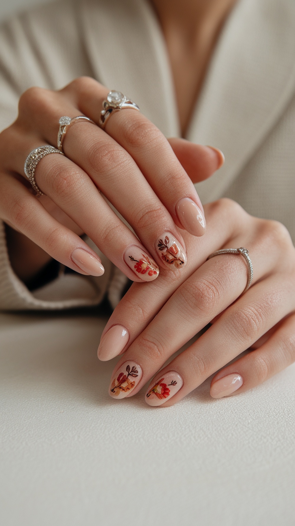 Close-up of hands with nude fall nails featuring seasonal stickers of leaves and flowers.