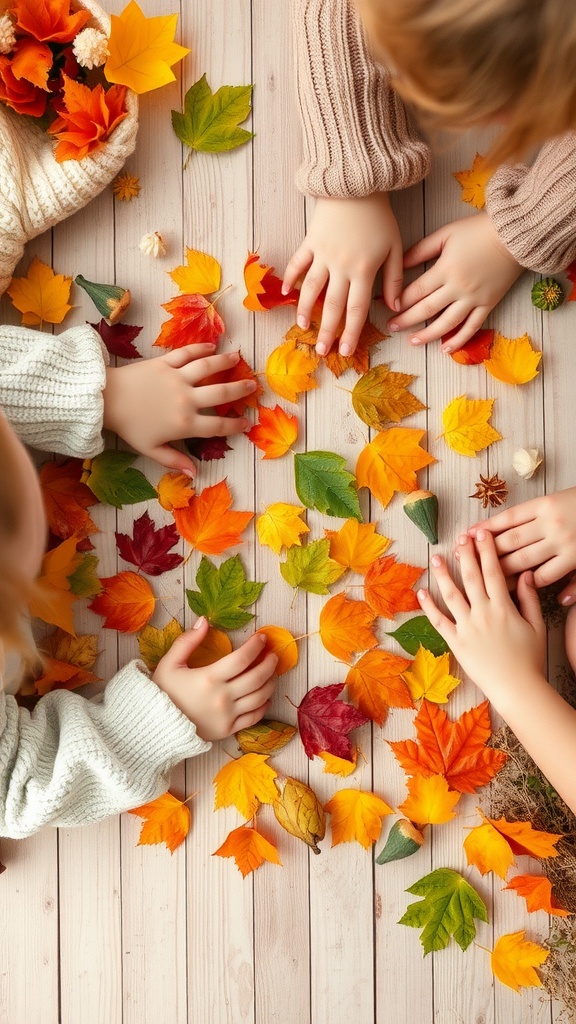 Toddlers' hands gathering colorful autumn leaves
