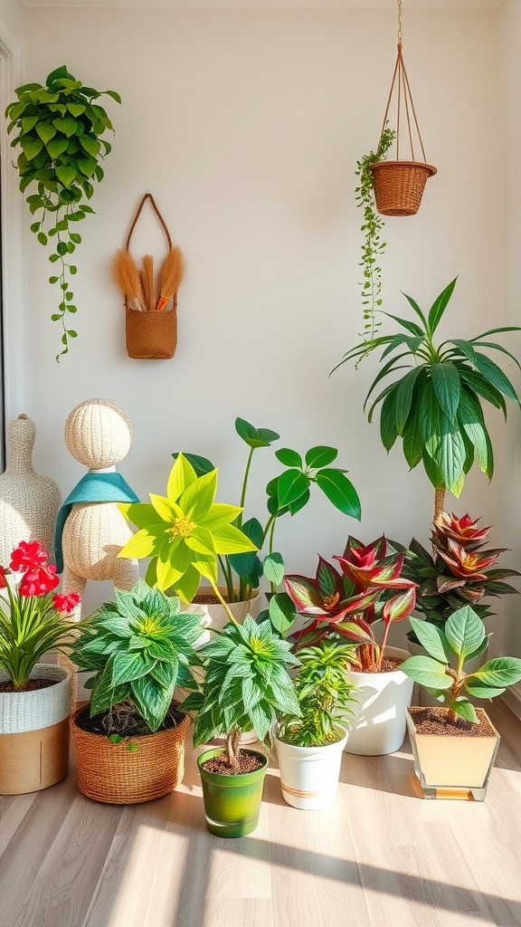 A bright and cheerful arrangement of various non-toxic house plants in colorful pots, enhancing a warm and inviting indoor space.
