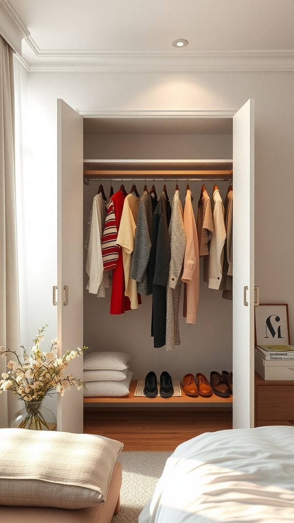An open wardrobe displaying a variety of clothing, shoes, and neatly stacked items in a cozy bedroom setting.