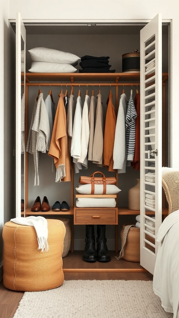 An open wardrobe showcasing seasonal clothing and accessories in warm colors.