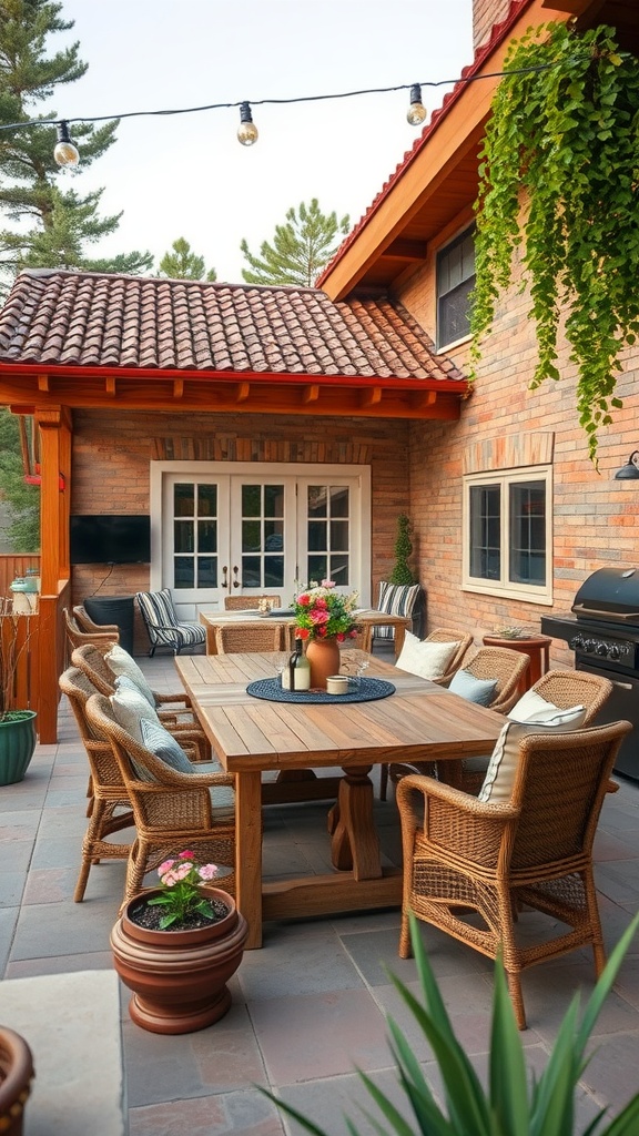 Cozy outdoor dining area with wooden table and comfortable chairs, surrounded by plants and string lights.