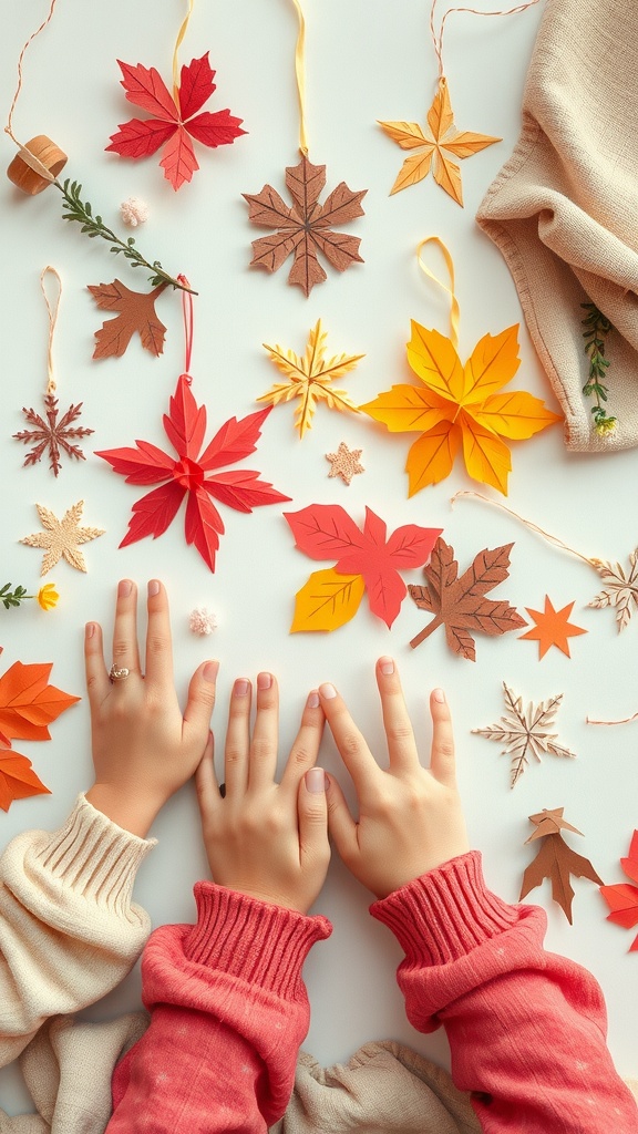 Colorful paper leaves and snowflakes on a table with hands reaching out, showcasing seasonal decorations.