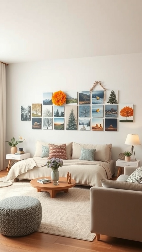 A cozy living room with a seasonal picture wall, featuring nature-themed photos and decorative elements.