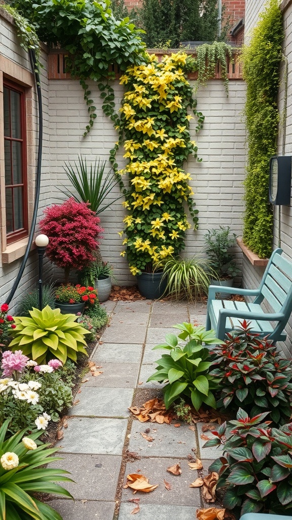 A small courtyard garden featuring various colorful plants with a seating area.