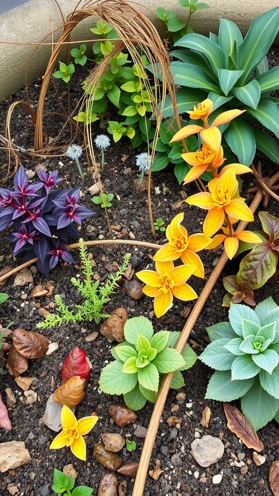 A vibrant tiny garden with various seasonal plants, showcasing yellows, greens, and purples.