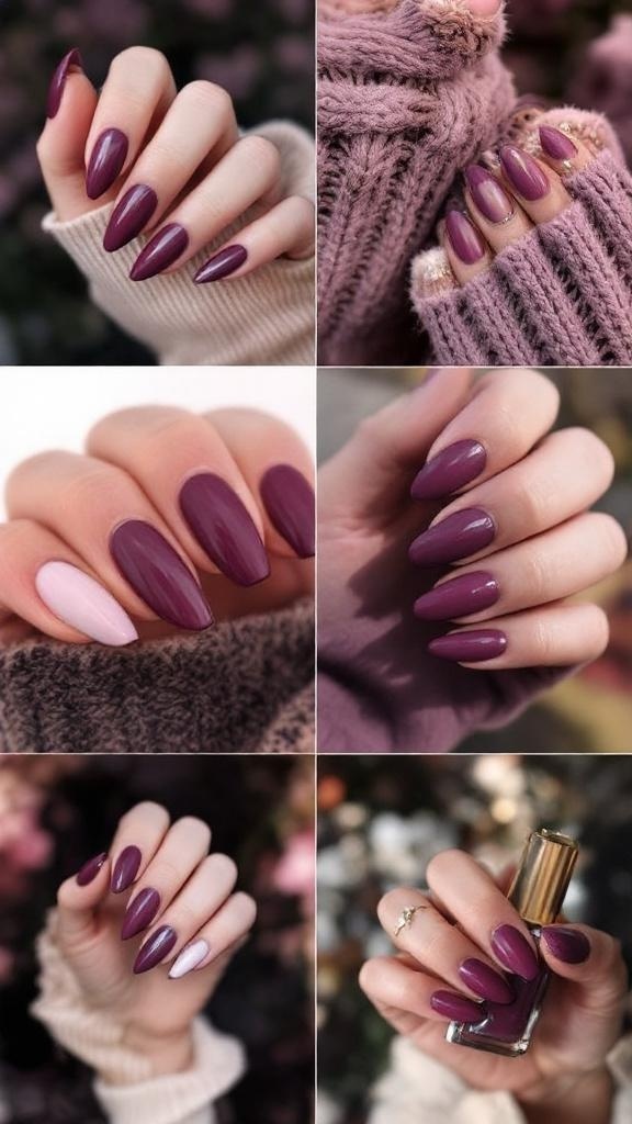 A collage of seasonal plum nail designs featuring various shades and styles.