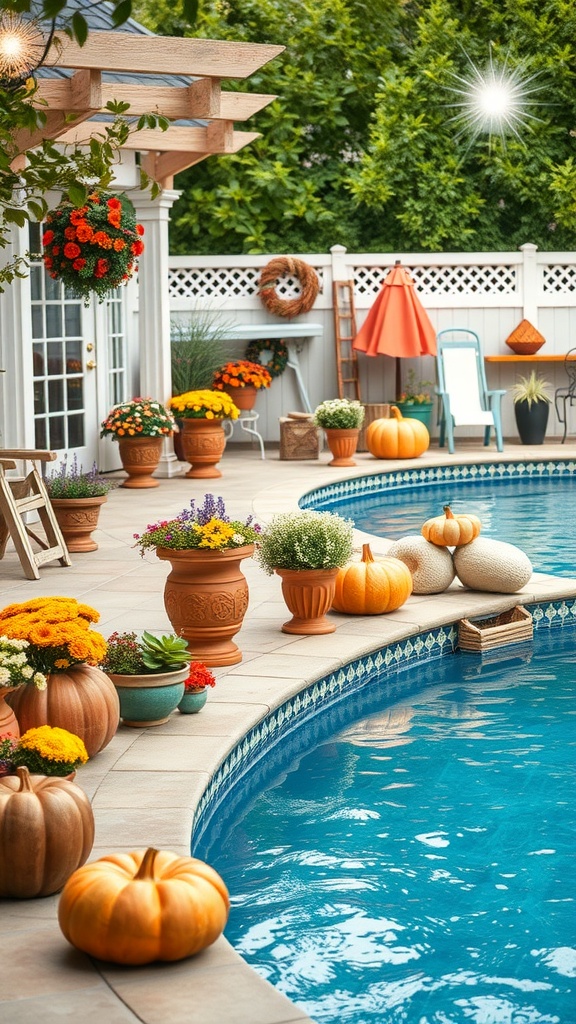 A beautifully decorated backyard pool area with pumpkins, flowers, and autumn decor.