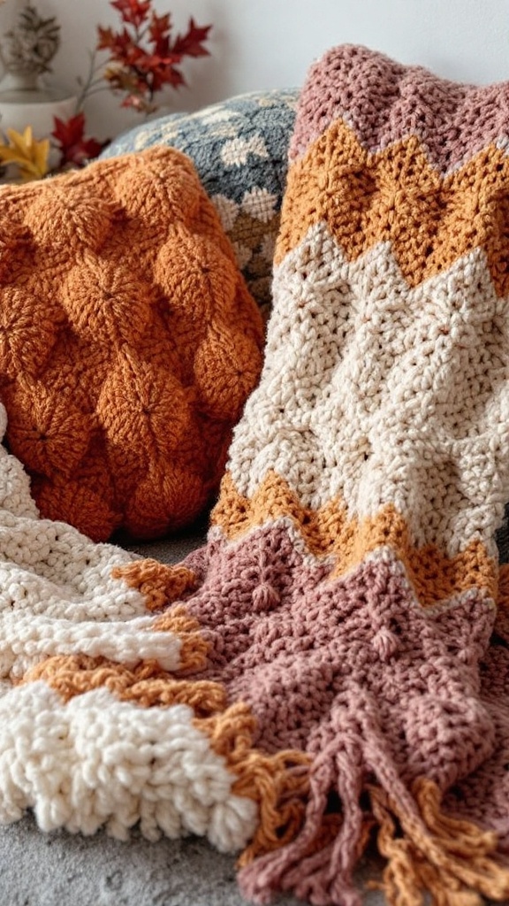 Crochet pillows and blanket in autumn colors featuring puff stitch patterns.