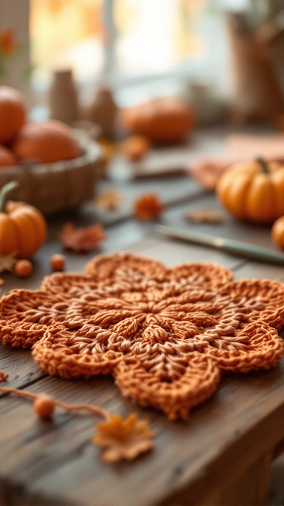 A vibrant orange crochet dishcloth in the shape of a pumpkin, surrounded by mini pumpkins and autumn leaves.