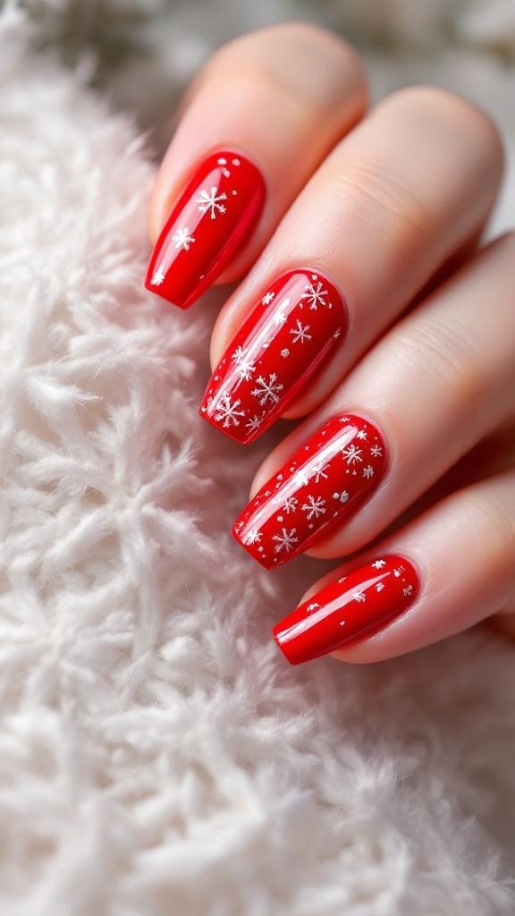 Festive red nail art with snowflakes and gingerbread designs
