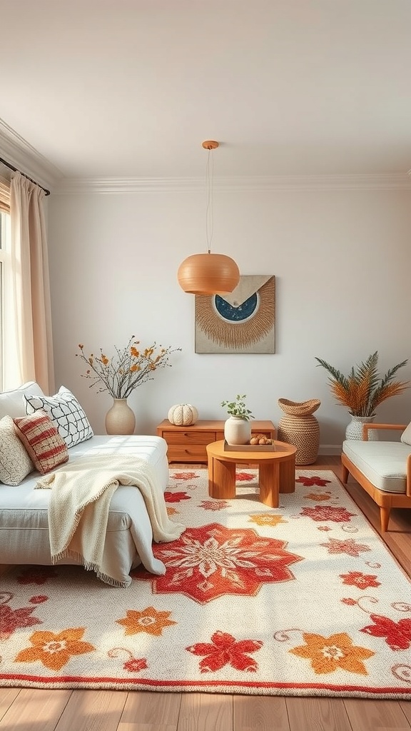 A cozy living room with a vibrant floral rug, warm colors, and neutral furniture.