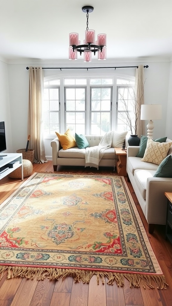 A cozy living room with a patterned rug, sofa, and warm decor.