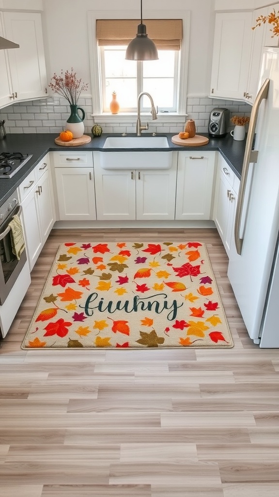 A kitchen featuring a fall-themed rug with colorful leaves and the word 'liuhmy' on it, set against a bright, inviting kitchen backdrop.