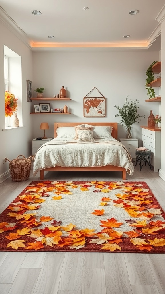 A cozy kitchen with a seasonal rug featuring autumn leaves, enhancing the decor.