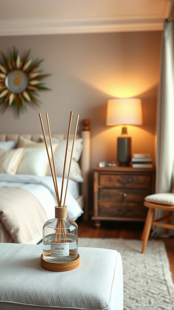 A cozy bedroom with a scent diffuser on an ottoman, warm lighting, and plush bedding.