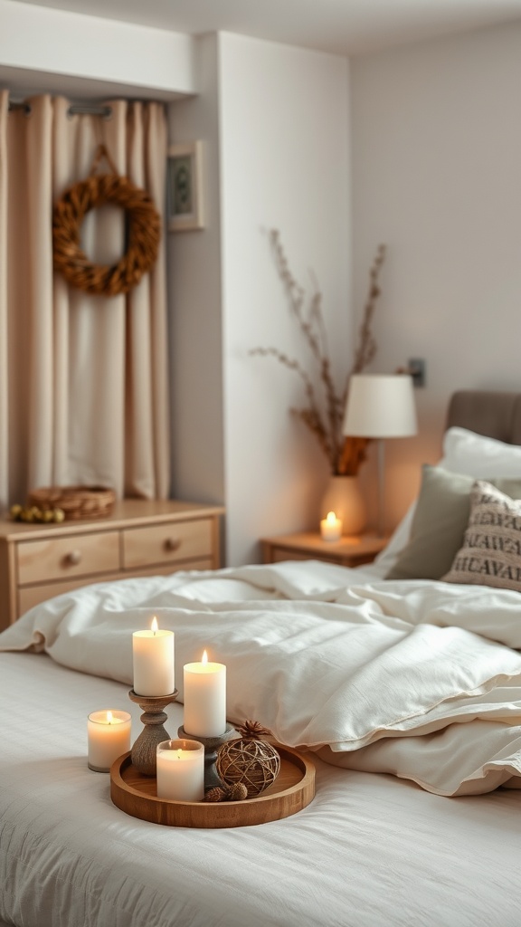 A cozy bedroom scene featuring candles on a tray, warm lighting, and seasonal decor.