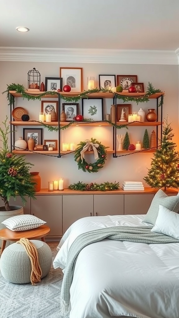 A cozy bedroom with a wall shelf decorated for the season, featuring candles, greenery, and framed photos.