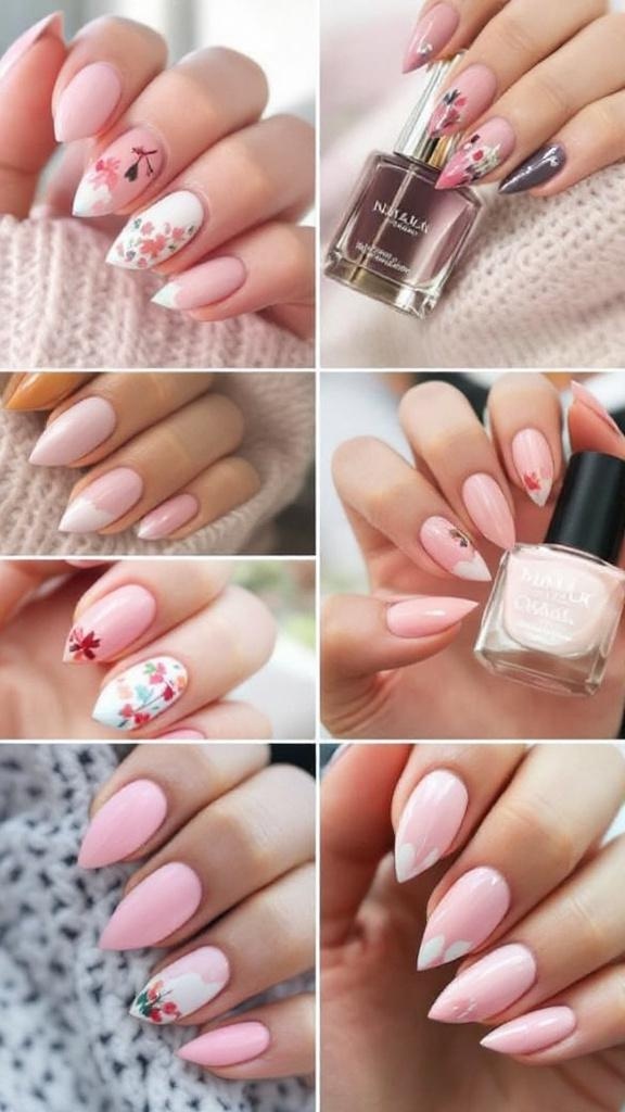 A close-up of hands with soft pink nails featuring white designs, wearing rings and a cozy sweater.