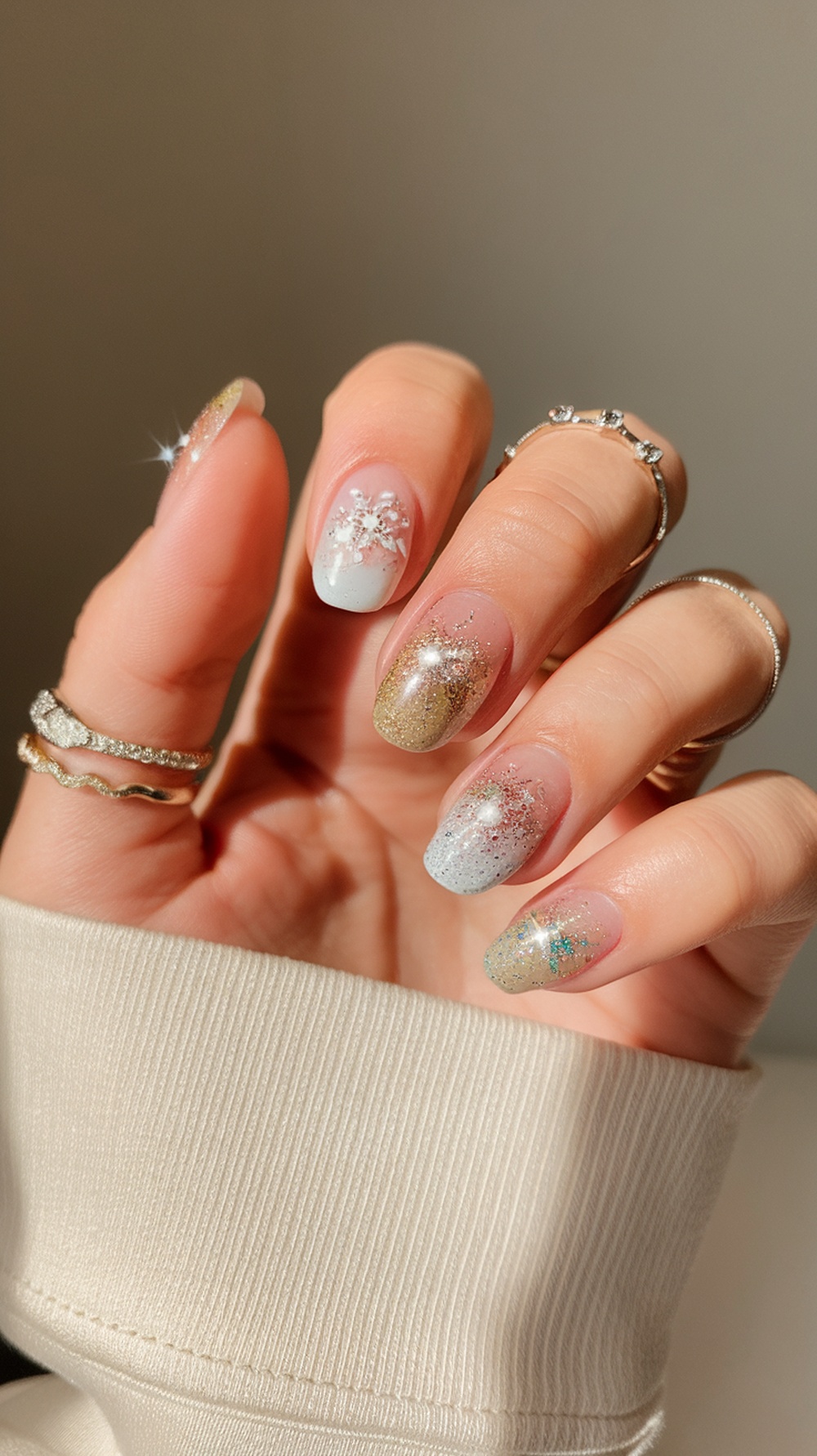 A hand with beautifully designed sparkle nails featuring light blue, gold, and glittery elements, showcasing a seasonal theme.