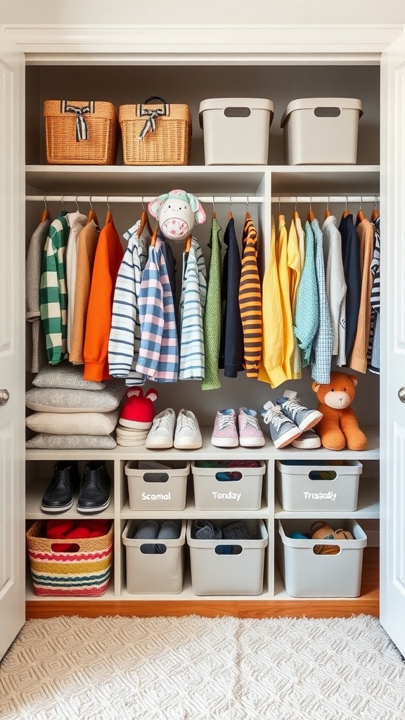 A well-organized toddler closet with seasonal clothing and storage bins