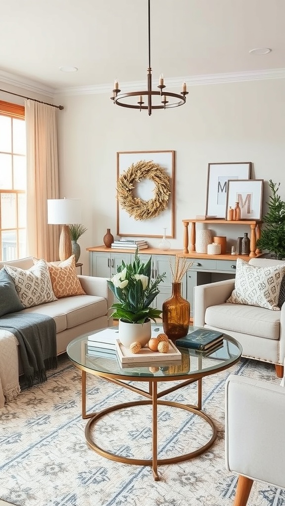 A cozy living room with a glass coffee table, decorative items, and warm tones.