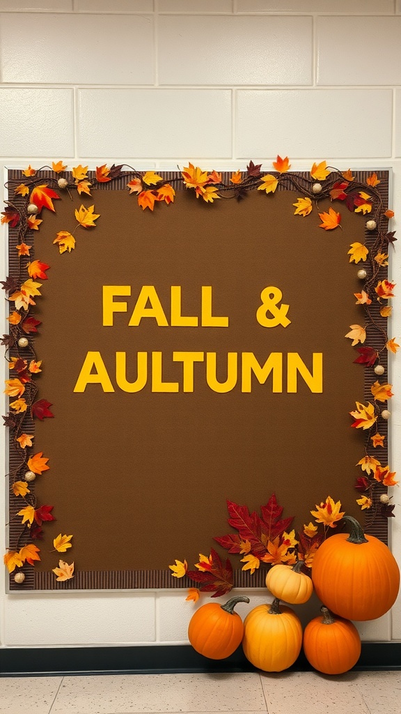 Bulletin board decorated with autumn leaves and pumpkins, displaying the words 'FALL & AUTUMN'