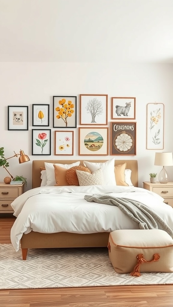 A cozy bedroom featuring a seasonal theme wall with various framed artworks representing different seasons.