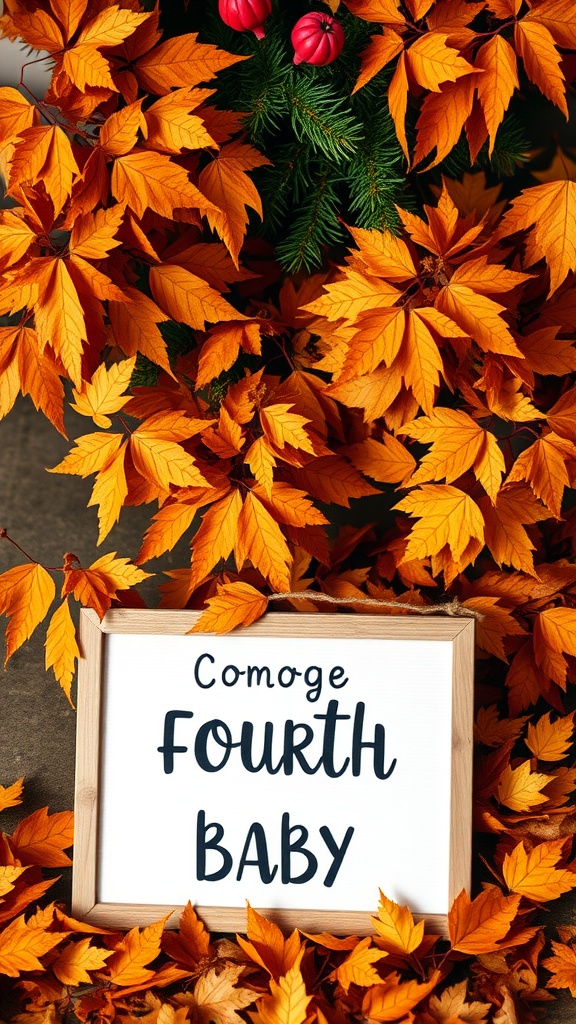 A wooden sign that reads 'Comoge FOURTH BABY' surrounded by autumn leaves and festive decorations.