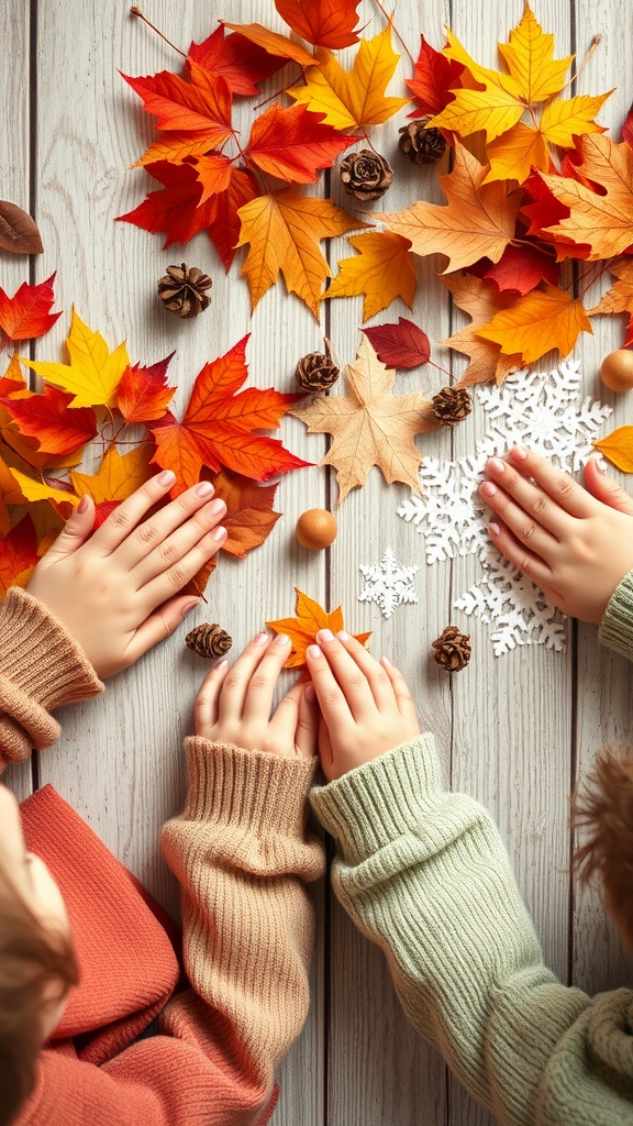 Children's hands touching colorful autumn leaves and pine cones on a wooden table.