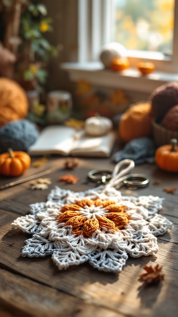 Crochet star-shaped keychain in warm colors on a wooden table with autumn decorations