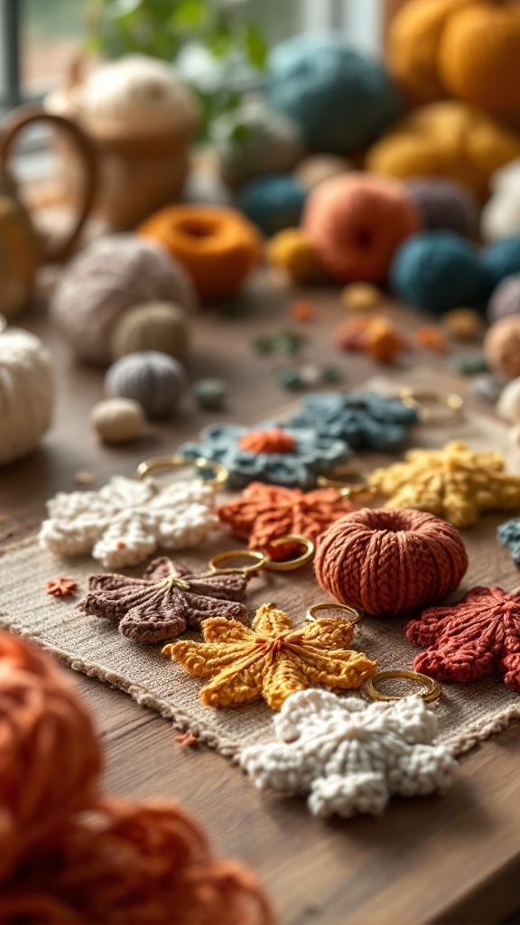 A collection of colorful crocheted keyrings featuring autumn leaves and a pumpkin, set against a backdrop of yarn.