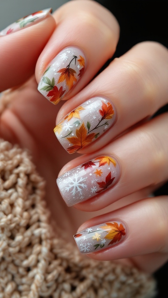 Autumn-themed nail art featuring colorful leaves on a white background