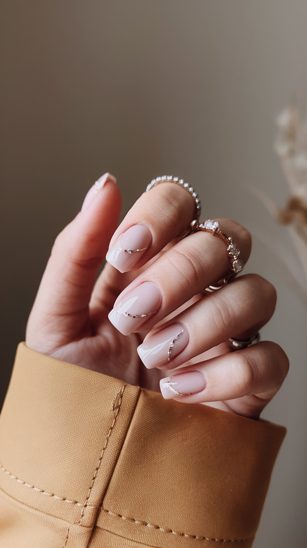 Short nails with a neutral base and gold accents, showcasing seasonal themed nail art.