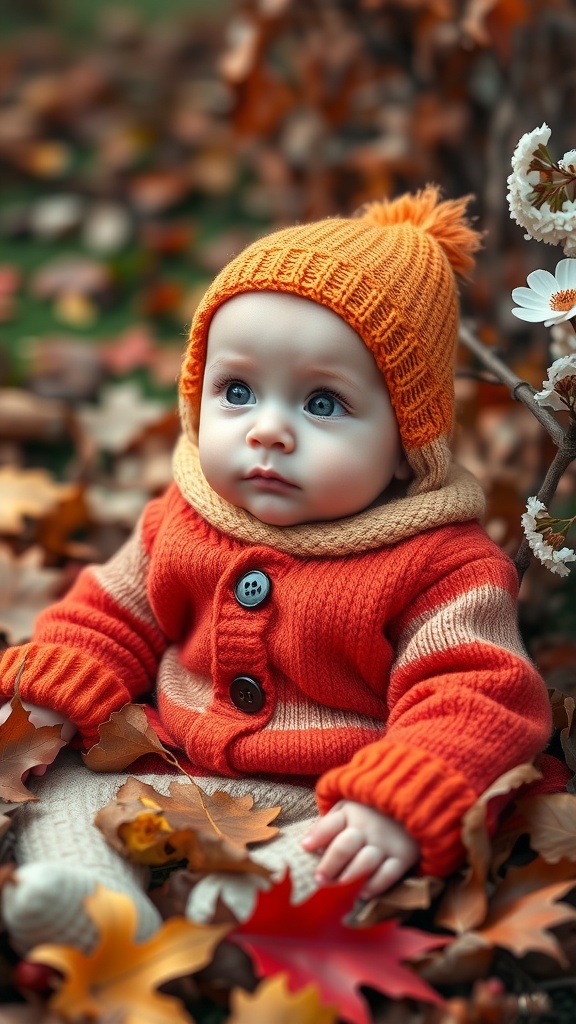 A nine-month-old baby wearing an orange hat and a cozy sweater, sitting among autumn leaves