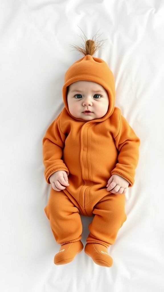 A baby wearing an orange outfit and hat, sitting on a white background.