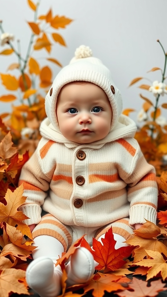 An 8-month-old baby sitting in a pile of autumn leaves wearing a cozy striped outfit and a hat
