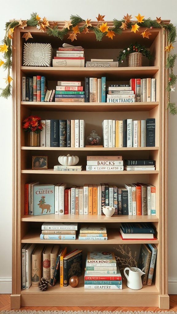 A beautifully arranged bookshelf with autumn decorations, featuring colorful books, a garland of leaves, and decorative items like pumpkins.