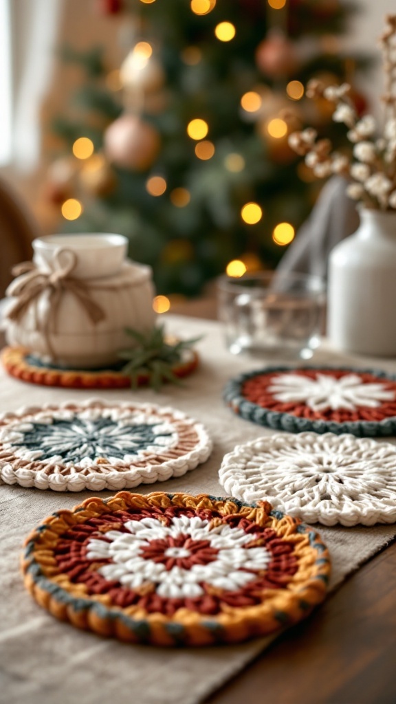 Colorful crochet coasters on a festive table setting with a Christmas tree in the background.