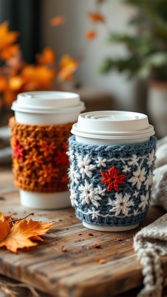 Two crochet coffee cup sleeves, one in orange with leaf designs and the other in blue with flowers and a red leaf, on a wooden table.