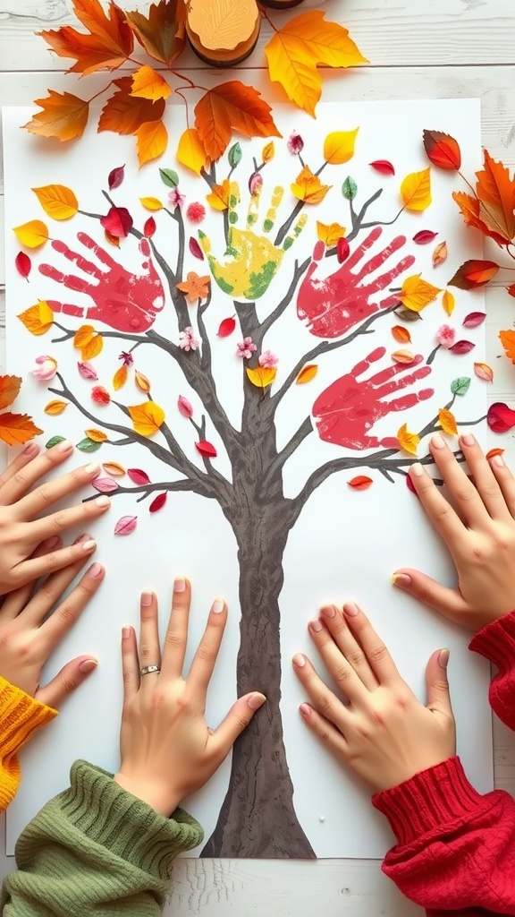 A colorful autumn tree made with handprints surrounded by real leaves.