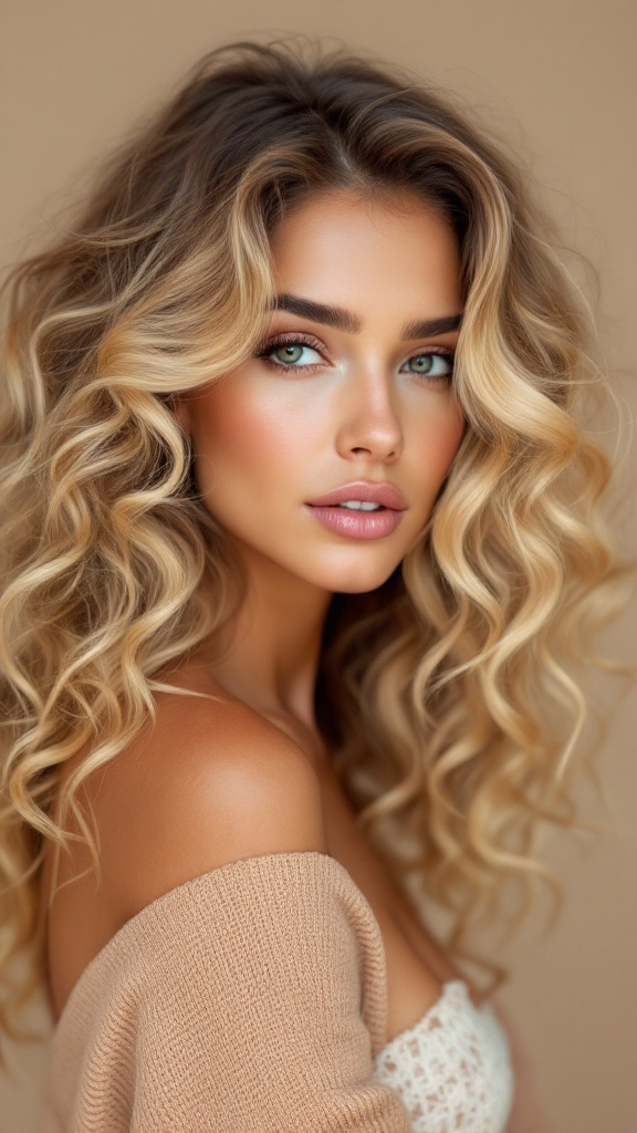 A woman with curly hair featuring blonde highlights, looking stylish and fresh.