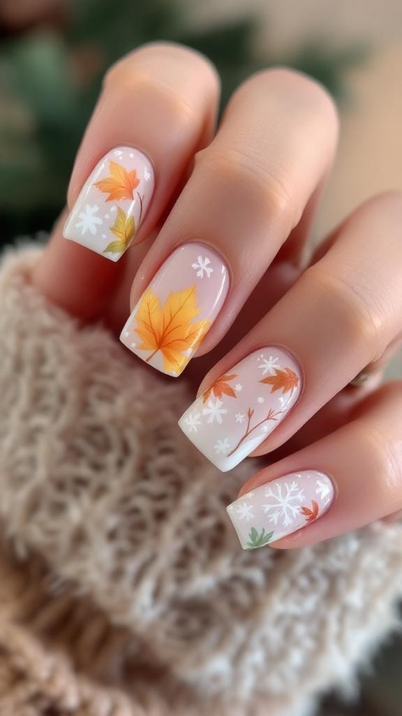 Tapered square nails with autumn leaf designs, showcasing warm colors and a cozy aesthetic.