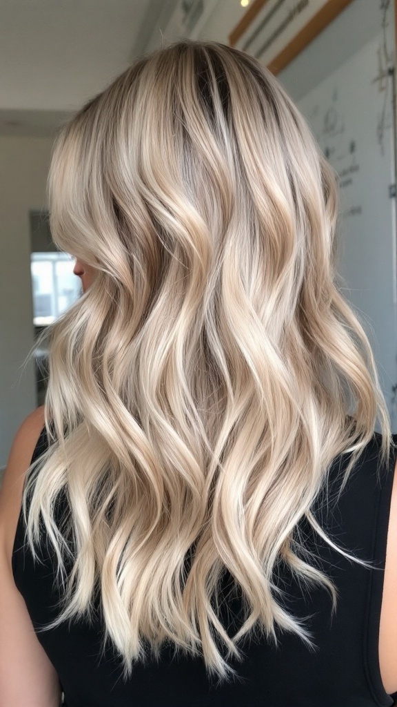 A woman with beautiful ash blonde balayage hair styled in soft waves.