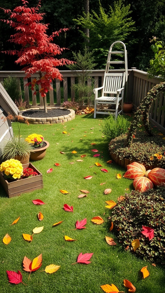 A cozy backyard with a red maple tree, colorful flowers, and scattered autumn leaves on lush turf.