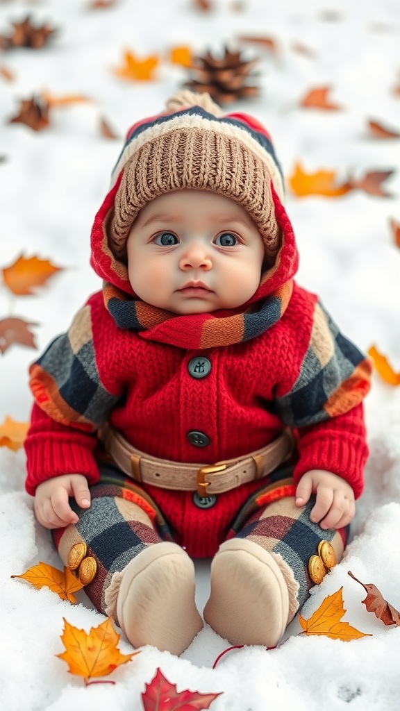 A baby in a red knitted outfit sitting on snow with autumn leaves around