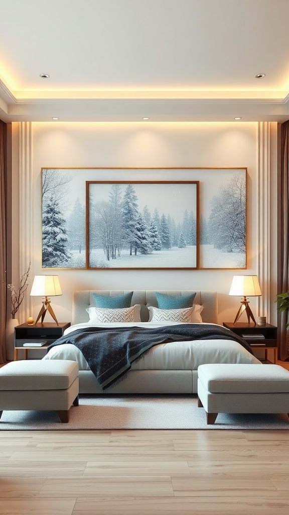 A cozy winter-themed bedroom featuring snowy landscape wall art, soft bedding, and warm lighting.