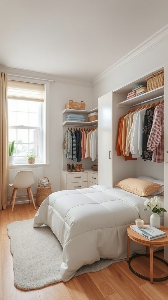 A small bedroom featuring a neatly organized wardrobe, a bed with white bedding, and a cozy chair, showcasing effective seasonal wardrobe management.