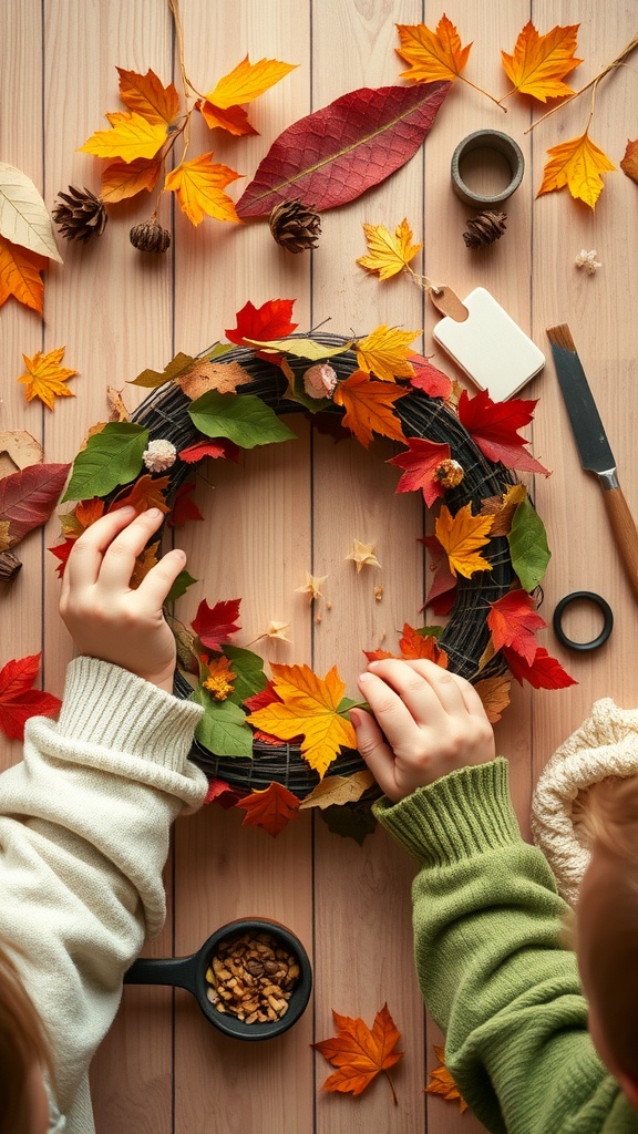 Children making an autumn wreath with colorful leaves and pine cones.